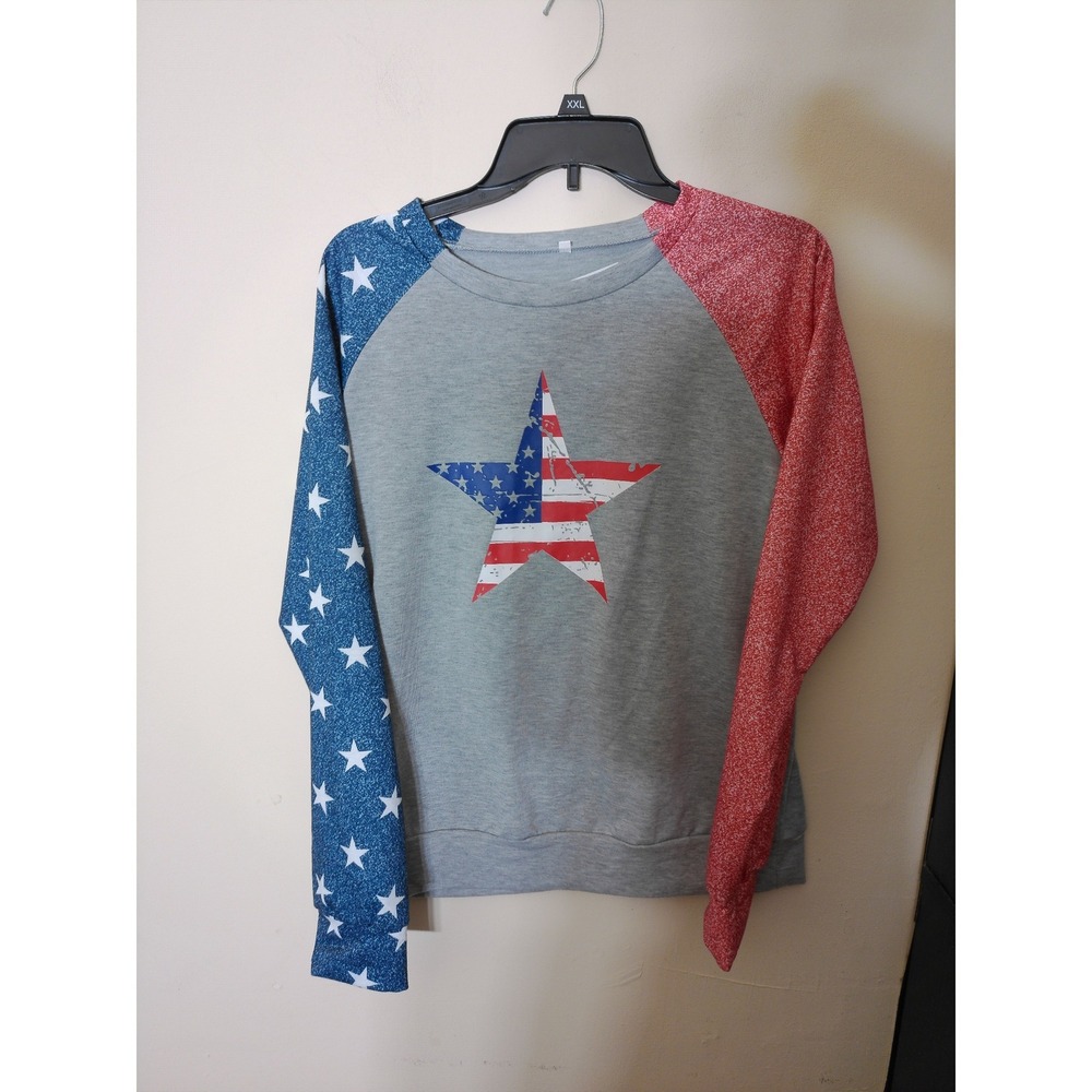 Unbranded Raglan Sweatshirt Women L Gray Red Blue Patriotic Star Americana VTG